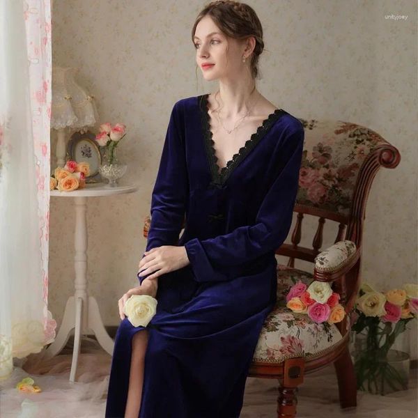 Mulheres sleepwear vintage camisola sexy veludo robe longo vestido de noite princesa nightwear mulheres outono inverno quente doce pleuche veludo