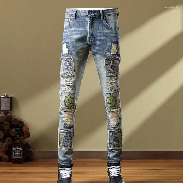 Erkek kot mavi desen yaması ince düz streç denim pantolon pantolonlar jean için jean 2023 Sonbahar moda nakış hip hop