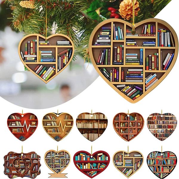 Decoraciones navideñas Amantes de los libros Estantería en forma de corazón Colgante Acrílico Gota Adorno Puerta Ventana Árbol Coche Decoración colgante 231114