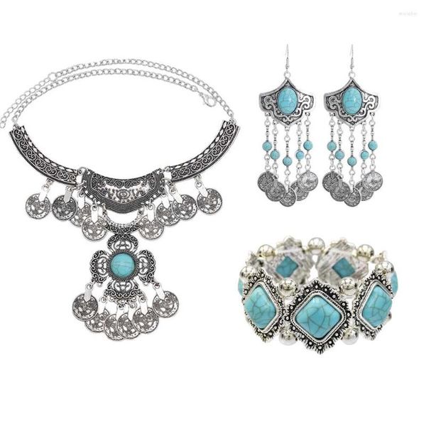 Halskette Ohrringe Set Afghan Blau Schwarz Stein Halsketten Armbänder Für Frauen Vintage Münze Quaste Party Geschenk