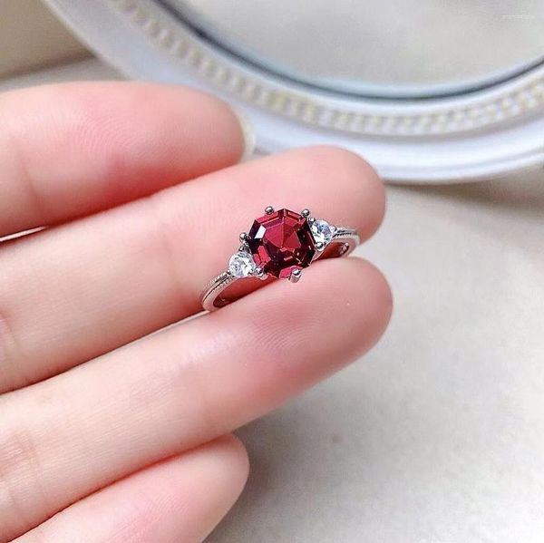 Ringos de cluster 0,6ct 6mm VVS Garnet Silver Ring for Young Girl Natural Moda 925 Jóias