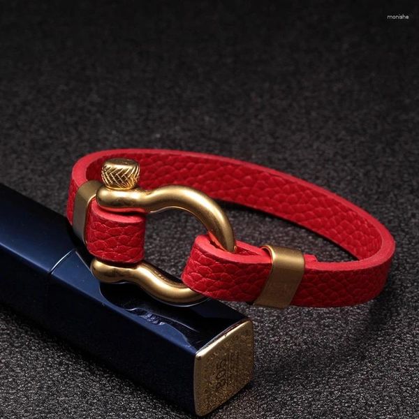 Link pulseiras moda trançada corda vermelha couro genuíno artesanal bloqueio de aço inoxidável corrente charme masculino feminino jóias