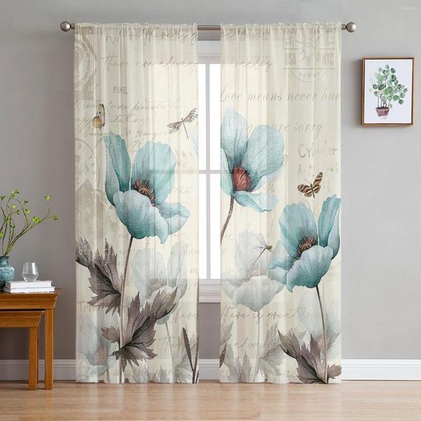 Vorhang Rustikale Vintage Blumen Libelle Schmetterling Sheer Voile Fenstervorhänge Tüll Wohnzimmer Balkon Dekoration Vorhänge