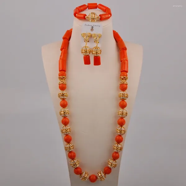 Halskette Ohrringe Set Orange Natürliche Koralle Nigerian Braut Hochzeit Zubehör Afrikanische Weibliche Paar Schmuck AU-607