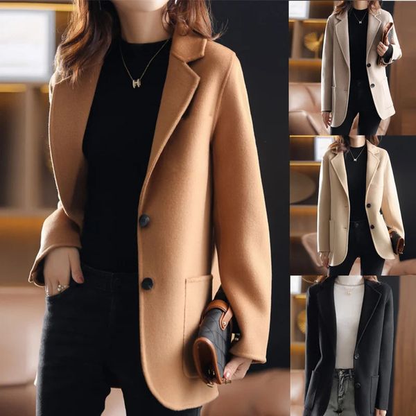 Misturas de lã feminina outono inverno casaco de lã feminino terno jaqueta cor sólida bolso único bolso casual blazers feminino cáqui camelo outerwear 231114