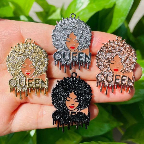 Charms 5 pezzi Micro Pave Afro Girl Pendenti Nero Dripping Queen Charms Bracciale da donna Collana che fa gioielli Bling all'ingrosso 231113