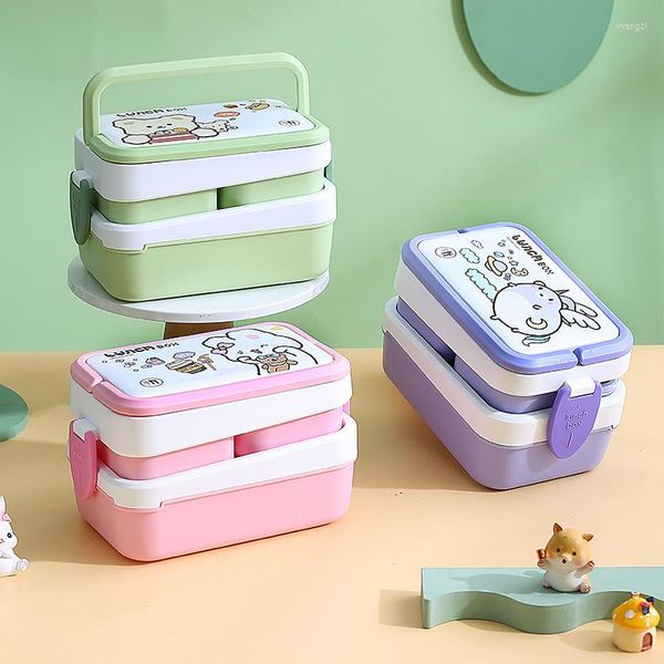 Set di stoviglie 1350ML Lunch Box School Girl Contenitore portatile per microonde a tenuta stagna 2 strati Divide Bento cucchiaio forchetta