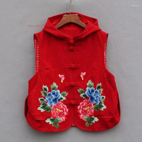 Ethnische Kleidung 2023 Vintage Baumwolle Leinen Blumenstickerei Ärmellose Weste Chinesische Weste Orientalische Traditionelle Gilet Retro Tang-Anzug