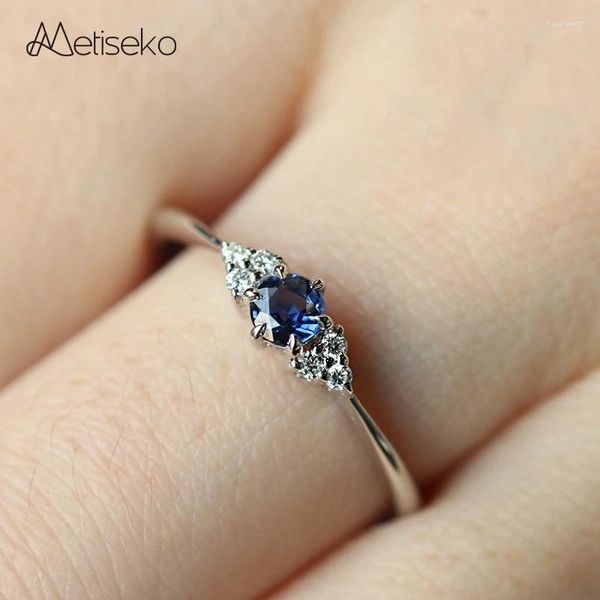 Cluster-Ringe Metiseko Echt 925 Sterling Silber Ring Saphirblauer Zirkonia 14 Karat Gelbgold plattiert Offene Größe für Frauen