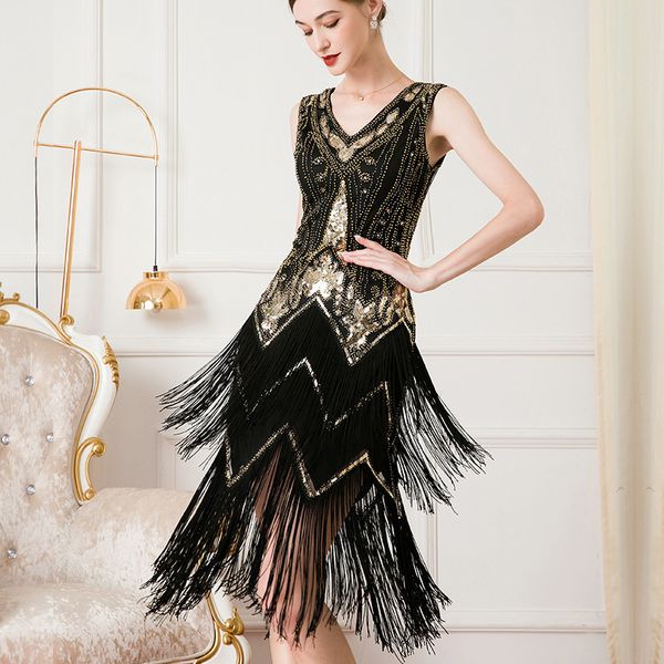 Повседневные платья сексуальные женщины 1920 -х годов VNECK Flapper Gatsby Коктейль формальный вечерний выпускной вечерин