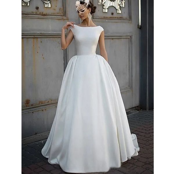 Bescheidene weiße Satin-Brautkleider in A-Linie für die Braut, Juwelenausschnitt, Flügelärmel, Prinzessin, Brautballkleider, Boho-Garten, Sweep-Zug, einfacher Empfang