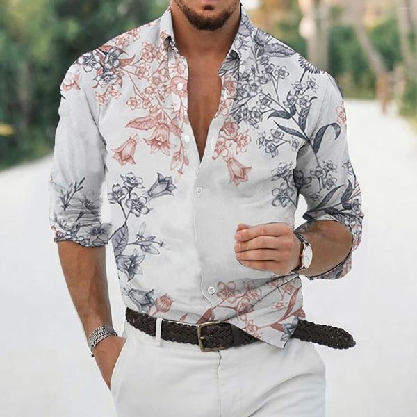 Camisetas masculinas Casual Men's Lapla -lape de lapela solta Impressão geométrica de manga longa Botão Botão Estilo Floral Shirt Beach Mens térmico