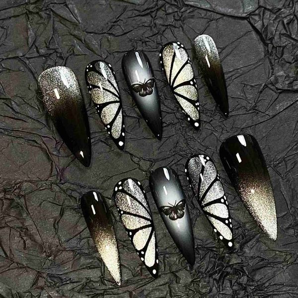 Накладные ногти в свободном стиле с серебряными металлическими кристаллами, длинные шпильки, ручная роспись, накладные ногти, хром, на заказ, поддельные / накладные Q231115