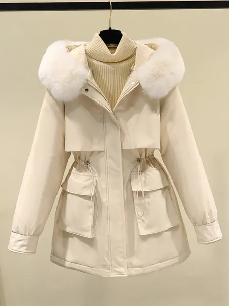 Casacos de trincheira femininos jaqueta inverno casaco frio parkas penas com capuz gola moda comprimento médio versão cintura retração versátil