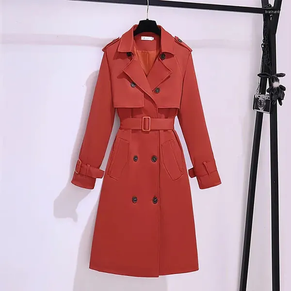 Trench da donna Cappotto giacca a vento da donna di media lunghezza con cintura Primavera Autunno Elegante risvolto Manica lunga Casual Donna Rosso Verde Cachi