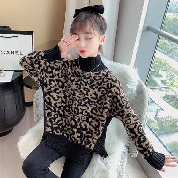 Conjuntos de moda infantil leopardo camisola primavera outono meninas estilo estrangeiro roupas crianças de gola alta pullovers de fundo p435 231114