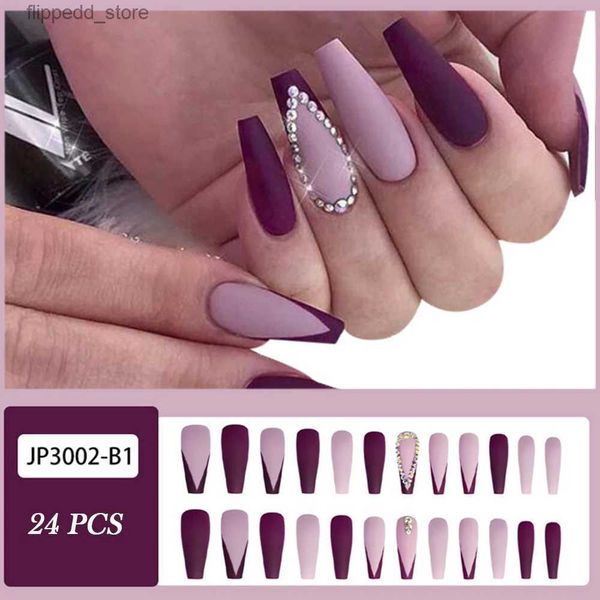 Unghie finte 24 pezzi Viola opaco Stampa sulle unghie Stile dolce Indossabile Copertura completa Unghie lunghe Unghie finite Pezzo con gelatina gel / colla MH88 Q231114