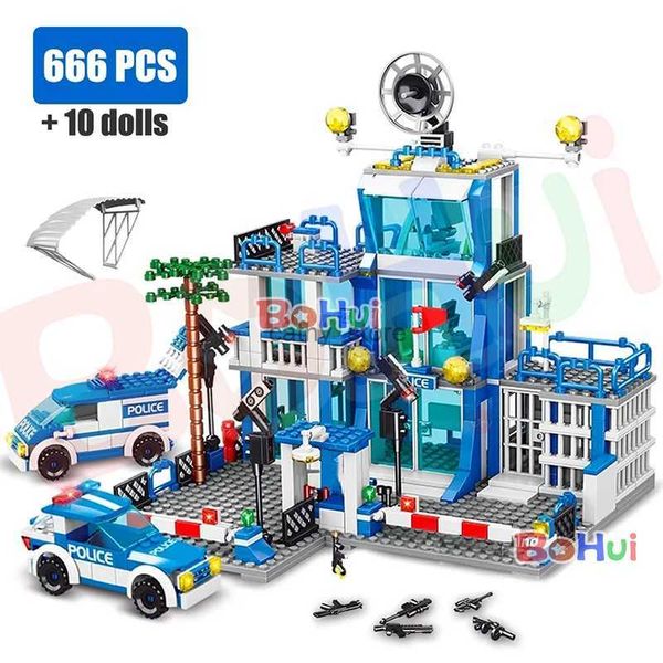 Veicoli giocattolo Stazione di polizia SWAT Modello di città militare Set Prigione Auto Poliziotto Barca Figure Building Blocks Giocattolo fai da te per bambini Ragazzi GiftL231114