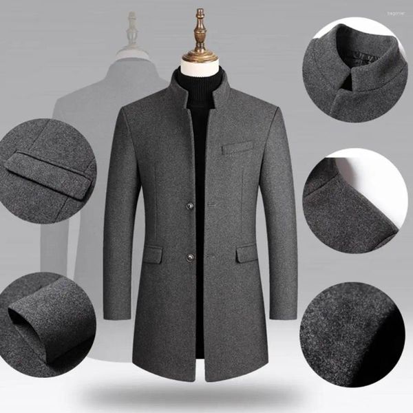 Giacche da uomo Elegante cappotto di media lunghezza addensato giacca a vento sottile in lana maschile con bottoni squisiti