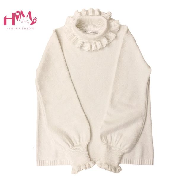 Maglioni da donna Dolcevita Maglione lavorato a maglia bianco Maglieria da donna Autunno 2023 Vintage Ruffle Cute Girls Manica lunga Maglione rosso Natale 231113