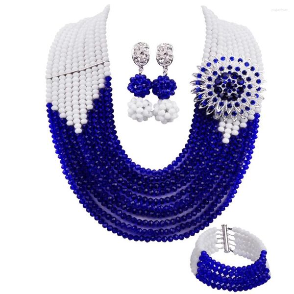 Colar brincos conjunto branco e azul real moda nigeriano casamento contas africanas jóias cristal