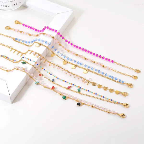 Charme pulseiras de aço inoxidável corrente grânulo artesanal pé tornozeleira pulseira costura para mulheres jóias multicoloridas bijoux femme