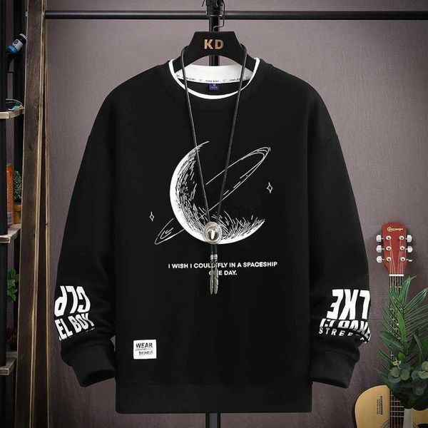 Herren Hoodies Sweatshirts Herbst Herren Sweatshirt Cool Moon Print Langarm T-Shirt Mode Herrenbekleidung Grau O-Ausschnitt Harajuku Exklusives Design Top Neu zln231114