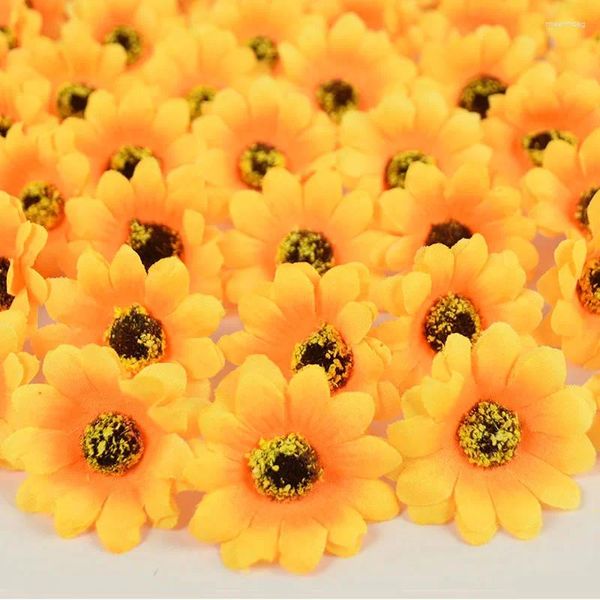 Flores decorativas 100 pçs cabeça de girassol artificial amarelo gerbera flor decoração de casamento diy grinalda presente caixa de bolo decoração fontes de festa