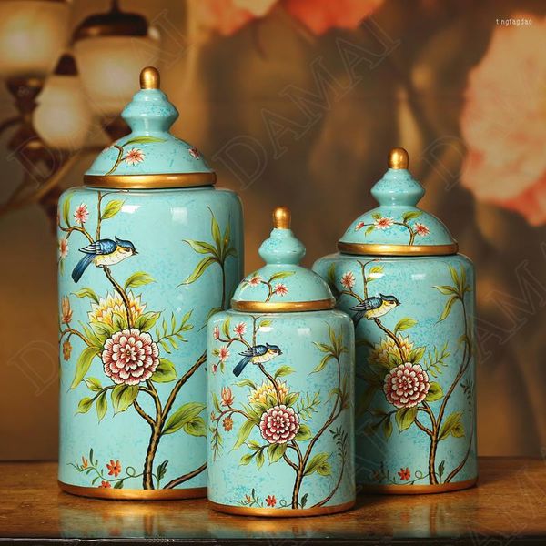 Garrafas de armazenamento de estilo europeu Cerâmica Jar Painted Hand Flowers and Birds Jóias Jóias Overgleze Cosmético Decoração Home Decoration