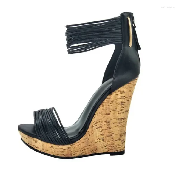 Sandali da donna alla moda cinturino alla caviglia tacco a zeppa combinazione nastro scarpe estive circa 12,5 cm tacco alto punta aperta