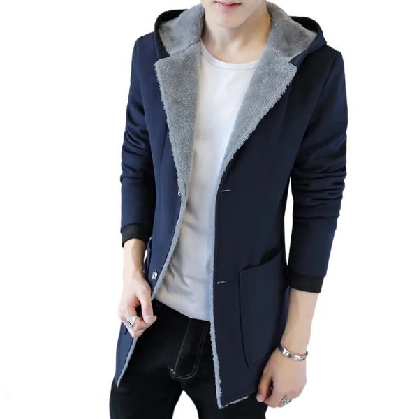 Jaquetas masculinas de inverno com capuz quente casacos de moda cashmere jaqueta com capuz trincheira plus size homem preto 231113