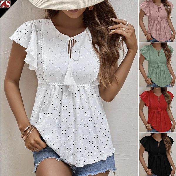 Blouses femininas 2023 Verão Jacquard Lace Blouse Women Up Tops Hollow Out Butterfly Sleeve Shirt elegante Office Lady Blusas 25344