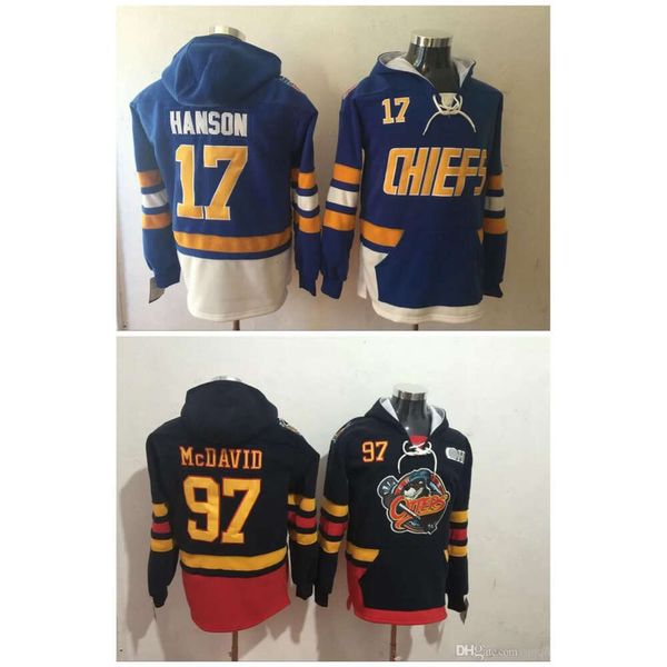 SJ 2017 Nuove maglie da hockey pullover Charlestown 17 Steve Hanson Blue Erie Otters 97 Connor McDavid con felpa con felpa con cappuccio