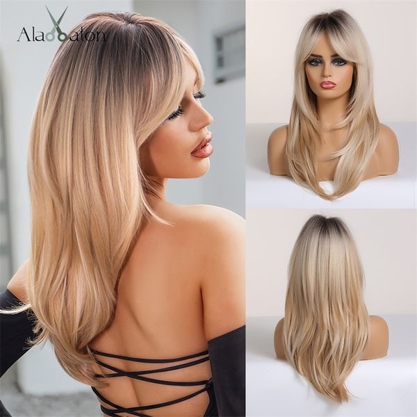 Synthetische Perücken ALAN Long Straight Ombre Black Blonde Ash mit Pony Hitzebeständig für afroamerikanische Frauen 230413