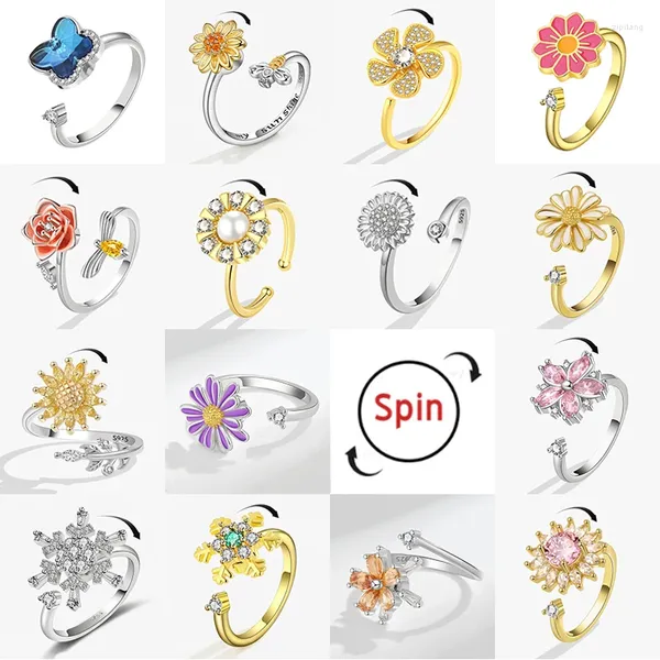 Cluster-Ringe, koreanische Mode, Gänseblümchen-Spinner-Zappelring, mehrere Stile, Sonnenblume, Rose, Schneeflocke, frei drehen, Anti-Stress-Angst-Hochzeit