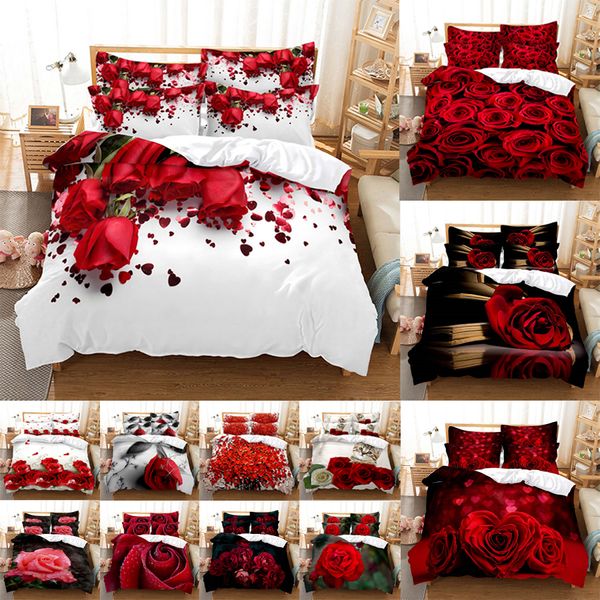 Yatak takımları kırmızı gül seti yorgan nevre kapak yorgan yastık kılıfı 3D çift tam kral kraliçe ikiz tek 3pcs 2pcs yatak odası çiçek 230414