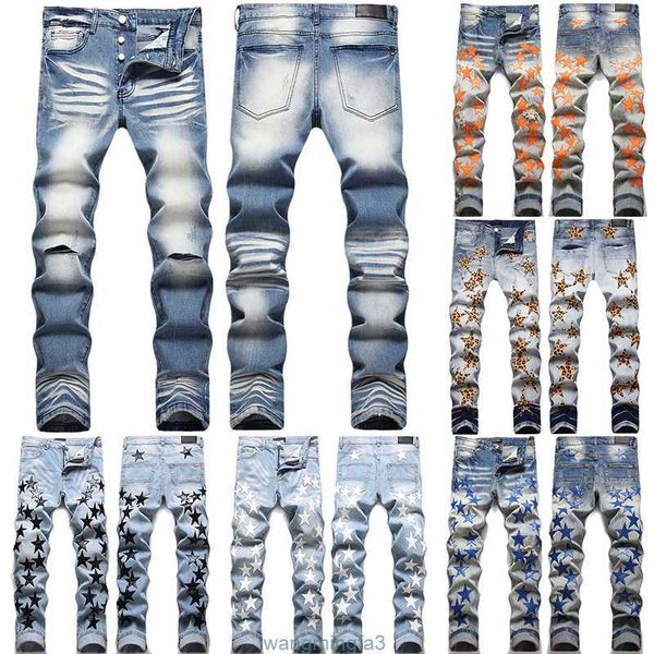 Jeans miris da uomo in denim dritto slim da motociclista strappato effetto consumato per pantaloni skinny da uomo alla moda militare con stampa