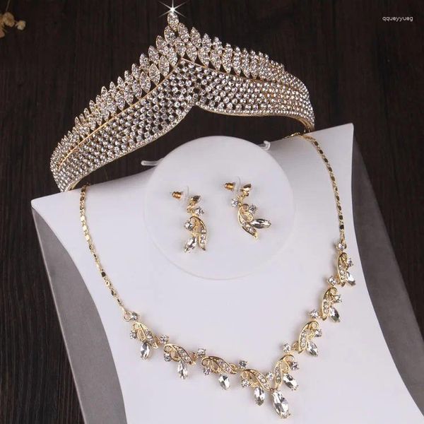 Halskette Ohrringe Set Barock Vintage Gold Farbe Kristall Blatt Braut Strass Kronen Halsband Afrikanische Perlen Schmuck