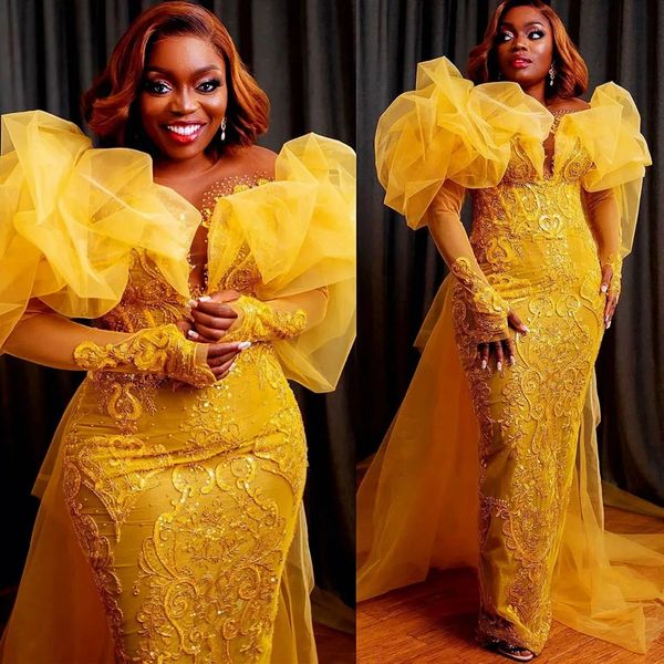 Plus Size Vestidos de Baile Luxuoso Renda Dourada Mangas Longas de Tule Sereia Vestido de Noite Africano Mulheres Negras Desgaste Vestidos de Concurso Nigéria Festa Segunda Recepção