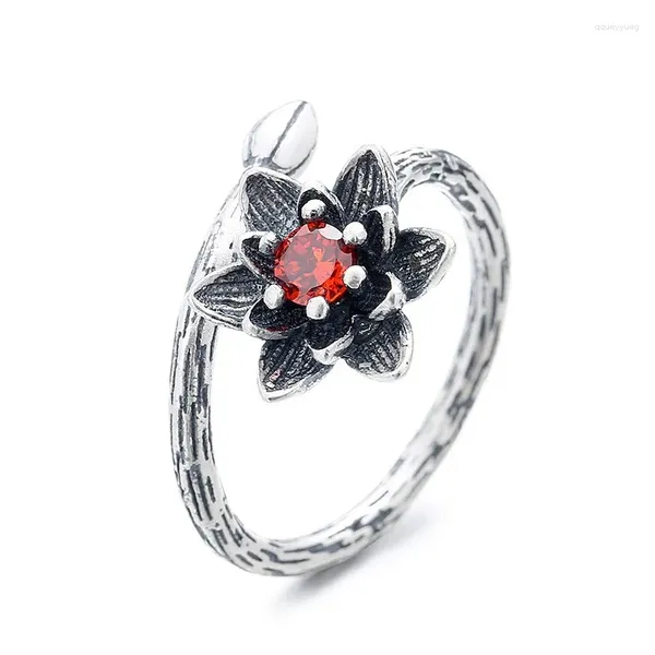 Anéis de cluster 673jmzfsilver prata s925 moda ajustável retro fresco criativo vermelho zircão preto flor de lótus anel feminino festa de casamento