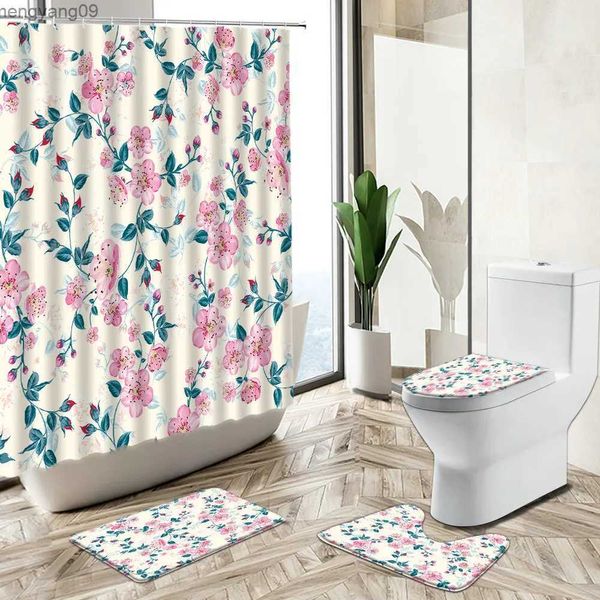 Cortinas de chuveiro pequena flor cortina de chuveiro rosa planta folha aquarela arte estilo europeu decoração tapete de banho capa de banheiro conjunto de tapete R231114