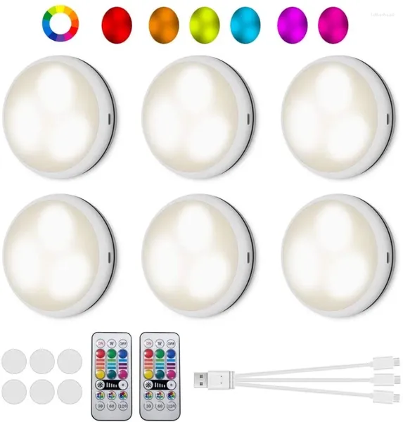 Luci notturne USB ricaricabile RGBW LED Lampada da armadio Luce Puck 16 colori Remoto sotto il ripiano Bancone della cucina Armadio Illuminazione delle scale