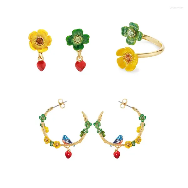 Orecchini pendenti Smalto Smalto Fiore Foglie Uccello Simpatico animale Bracciale Collana Anello Gioielli per donna Tendenza 2023