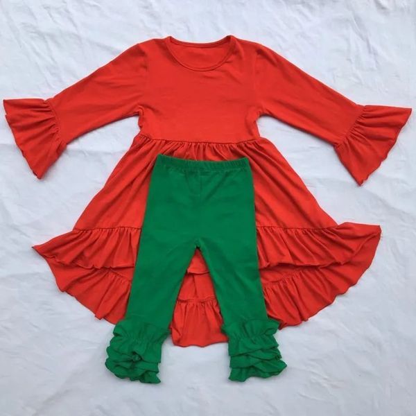 Set di abbigliamento Vestiti per ragazze di Natale Abbigliamento per bambini Boutique Completo Abito rosso con maniche a volant Set di pantaloni con renna con volant in glassa 231114