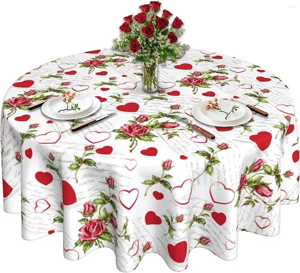 Toalha de mesa toalha de mesa redonda de 60 polegadas do dia dos namorados Branco vintage vermelho coração rosa para decoração de cozinha rústica da fazenda