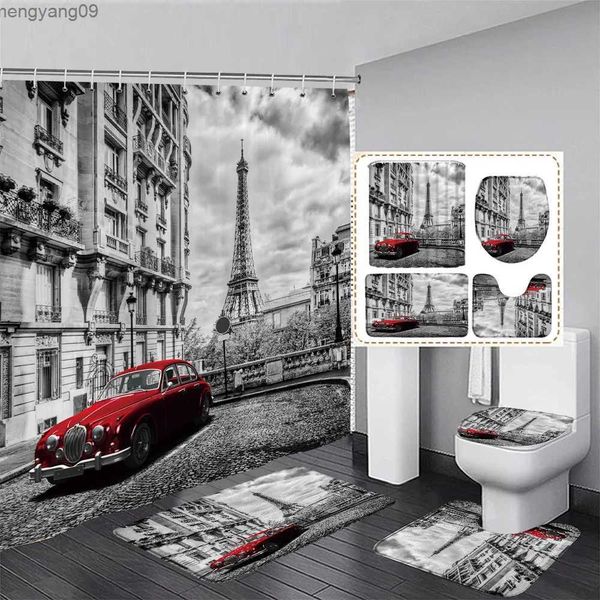 Tende da doccia Cabina telefonica rossa Tenda da doccia Set Bus vintage London Street Scenery Home Bagno Decor Slip Rug Tappetini da bagno Copriwater R231114