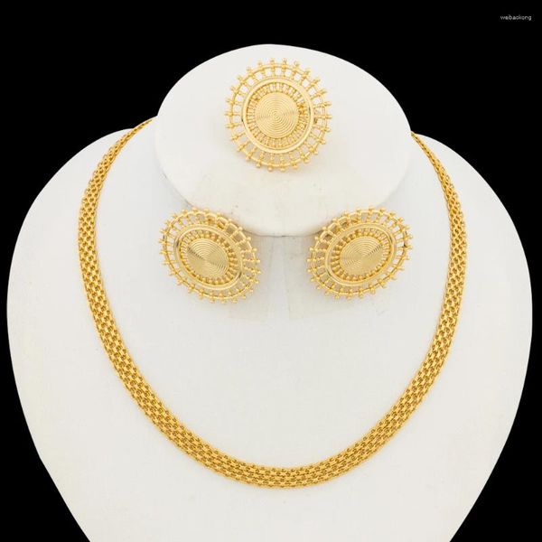 Collana di orecchini set orecchino rotondo africano con gioielli ad anello per donna clip per orecchio color oro 18 carati e dito 2 pezzi gioielli Dubai