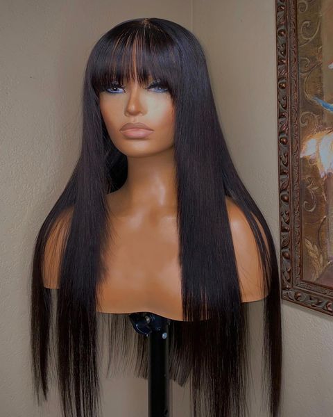 Передний парик натурального кожи головы с челкой с челкой 180 плотность сексей, бразильские прямые человеческие парики для взрыва