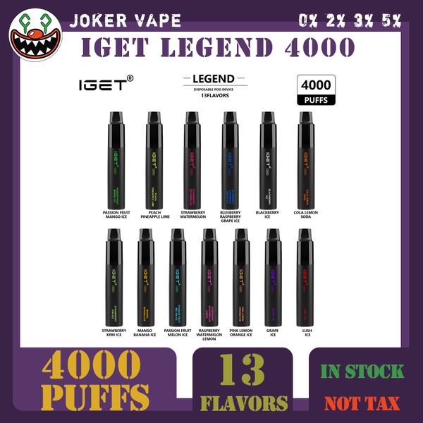 IGET Legend 4000 Puffs Original descartável cigarro eletrônico Vape Pen 800mAh bateria 2% 5% 6% concentração Pods pré-cheio kit de vapor IGET 4K Puffs em estoque