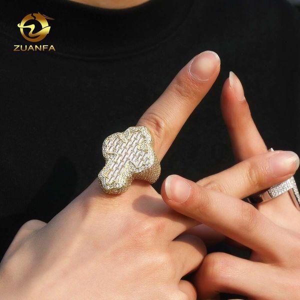 Anéis de banda Zuanfa jóias moissanite hip hop anel 925 prata esterlina cruz anel baguette vvs moissanite masculino anel de diamante novo 2024
